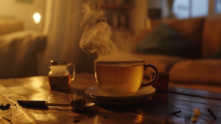 Calm tidy bedside table with a warm lamp and a cup of herbal tea in the evening