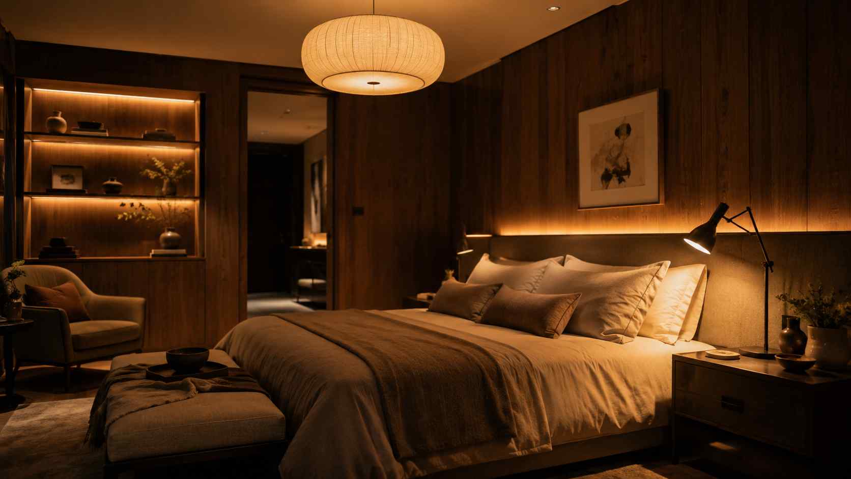 Neatly arranged bedroom with warm lighting prepared for an evening wind-down